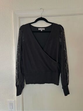 Black Lace-Sleeve Wrap V Neck Top Madden Girl